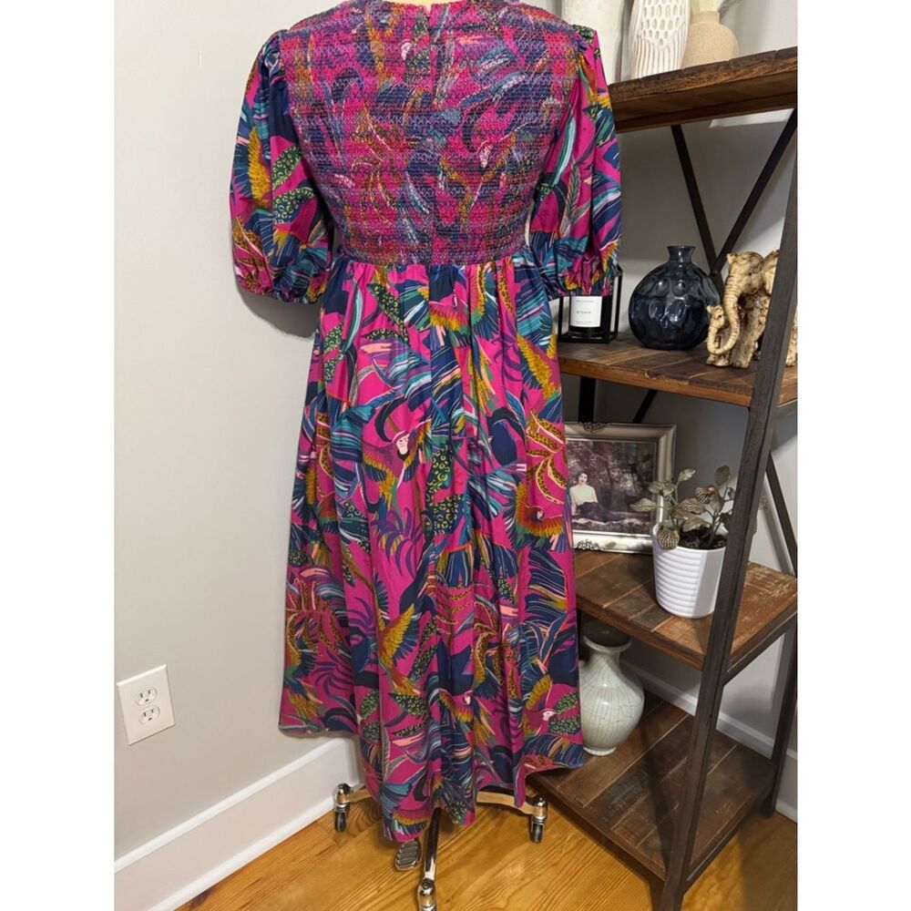 Farm Rio Rainbow Macaws Purple Puff Sleeve Smocked Midi Dress Women's SIZE XS - Picture 4 of 13